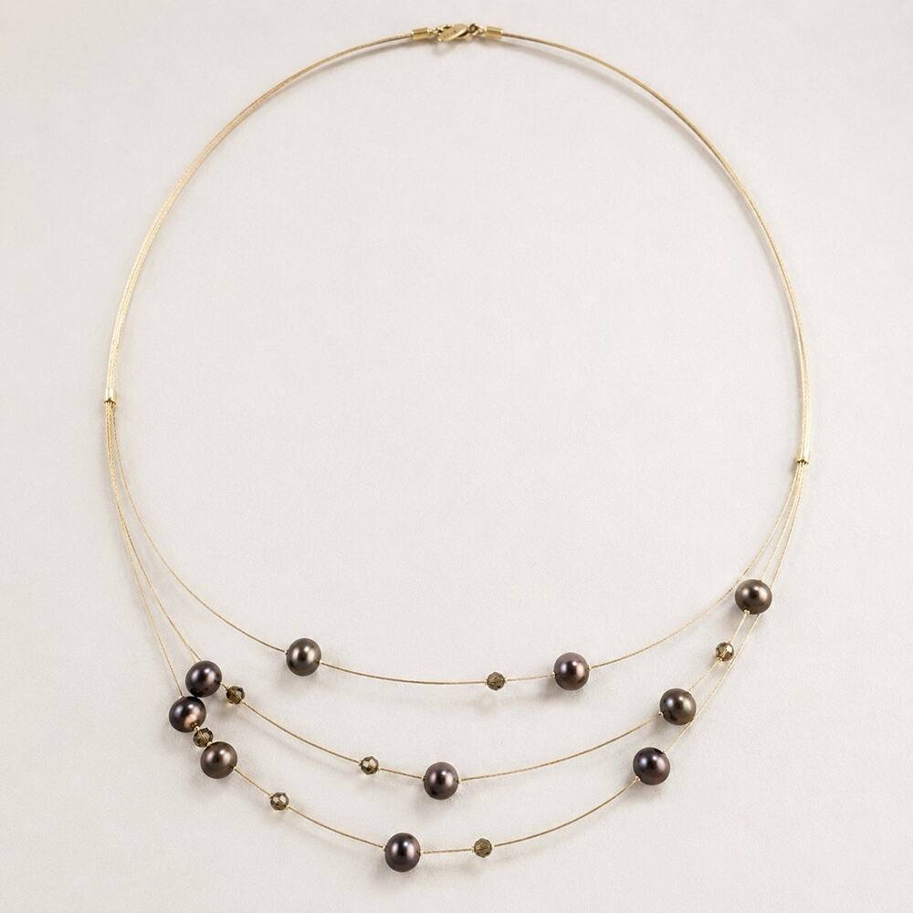 Adi Paz ZRW Israel 14K Yellow Gold Multi Strand Pearl Smoky Quartz Necklace 18”